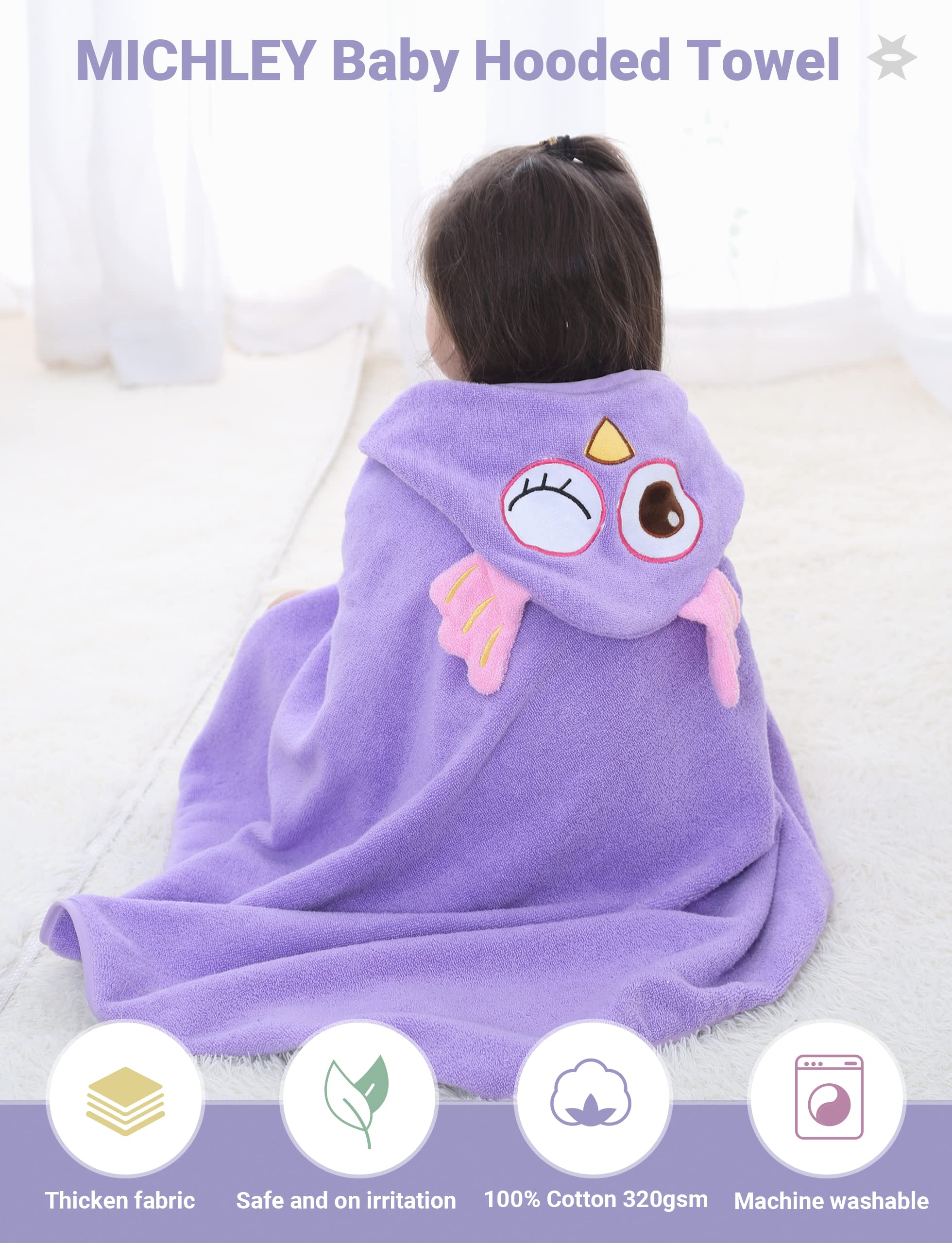 MICHLEY large 35x35 inch towel supports growing infants and toddlers during bath time.