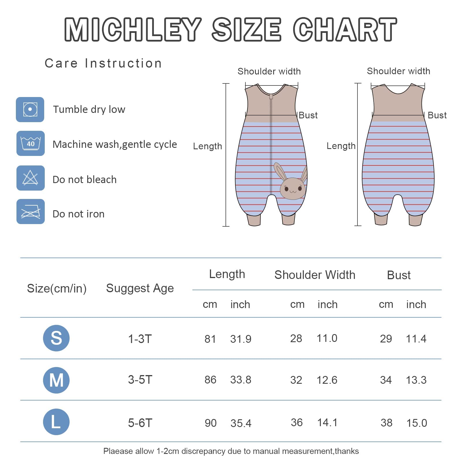 MICHLEY toddler sleeping sack blue rabbit back view with breathable fabric for all-season comfort