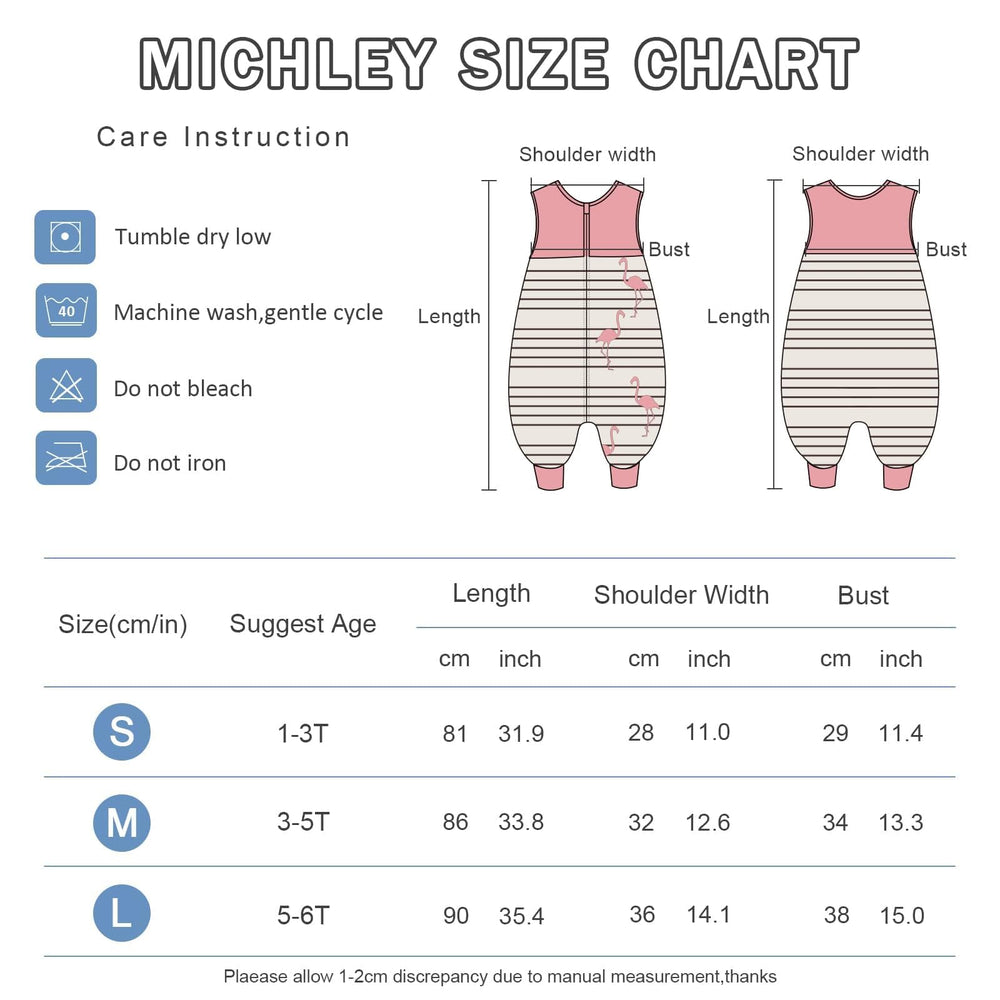 MICHLEY toddler sleeping sack with feet in pink bird design, side view for movement