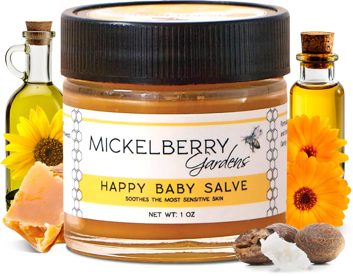 Mickelberry Gardens Herbal Baby Salve bottle for soothing diaper rash.