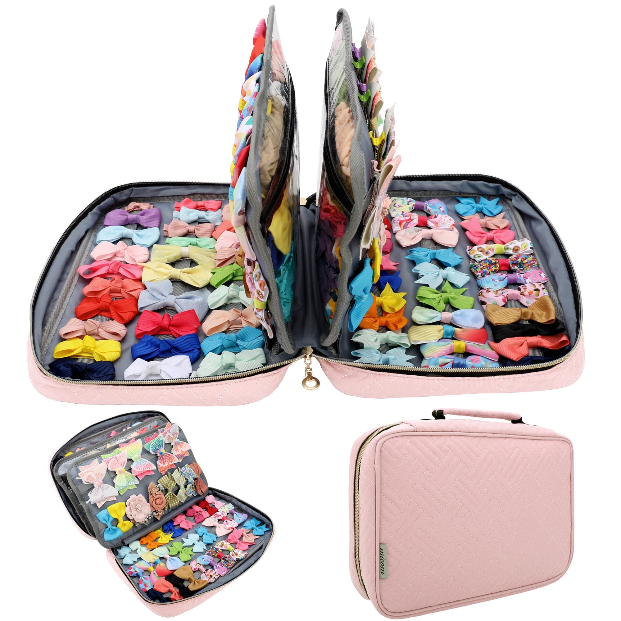 MICOM hair accessories storage bag with open compartments for easy bow access.