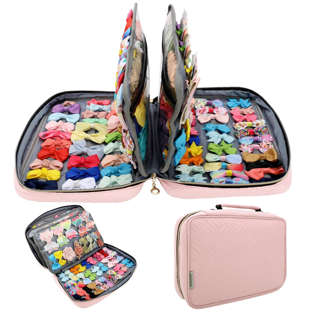 MICOM hair accessories storage bag with open compartments for easy bow access.