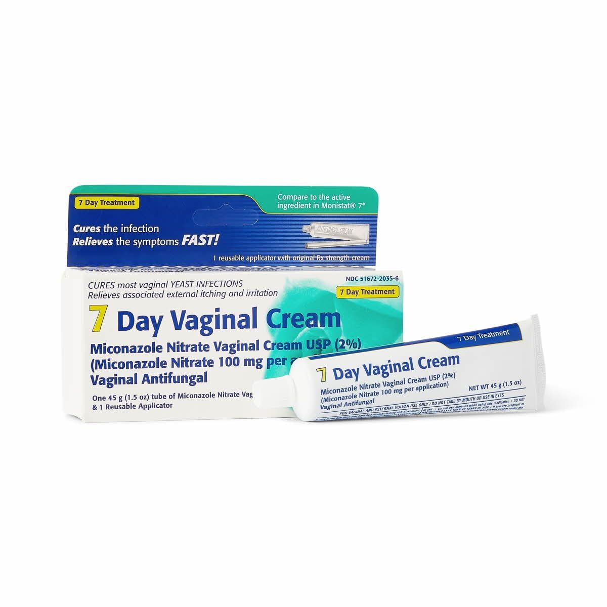 Miconazole-7 vaginal cream packaging displaying 45-gram tube for convenient at-home treatment.