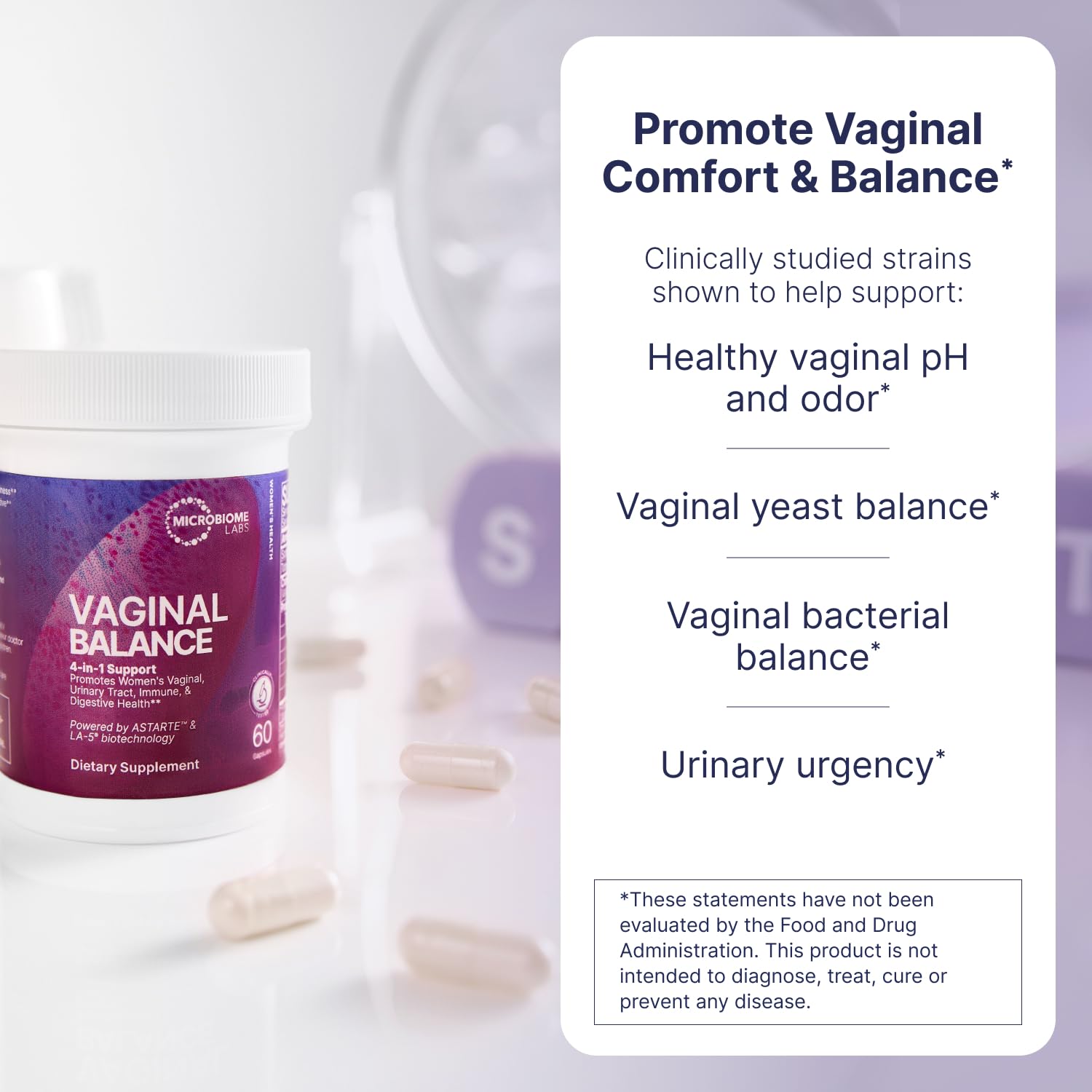 Close-up of Vaginal Balance capsules showing vegan, shelf-stable formula