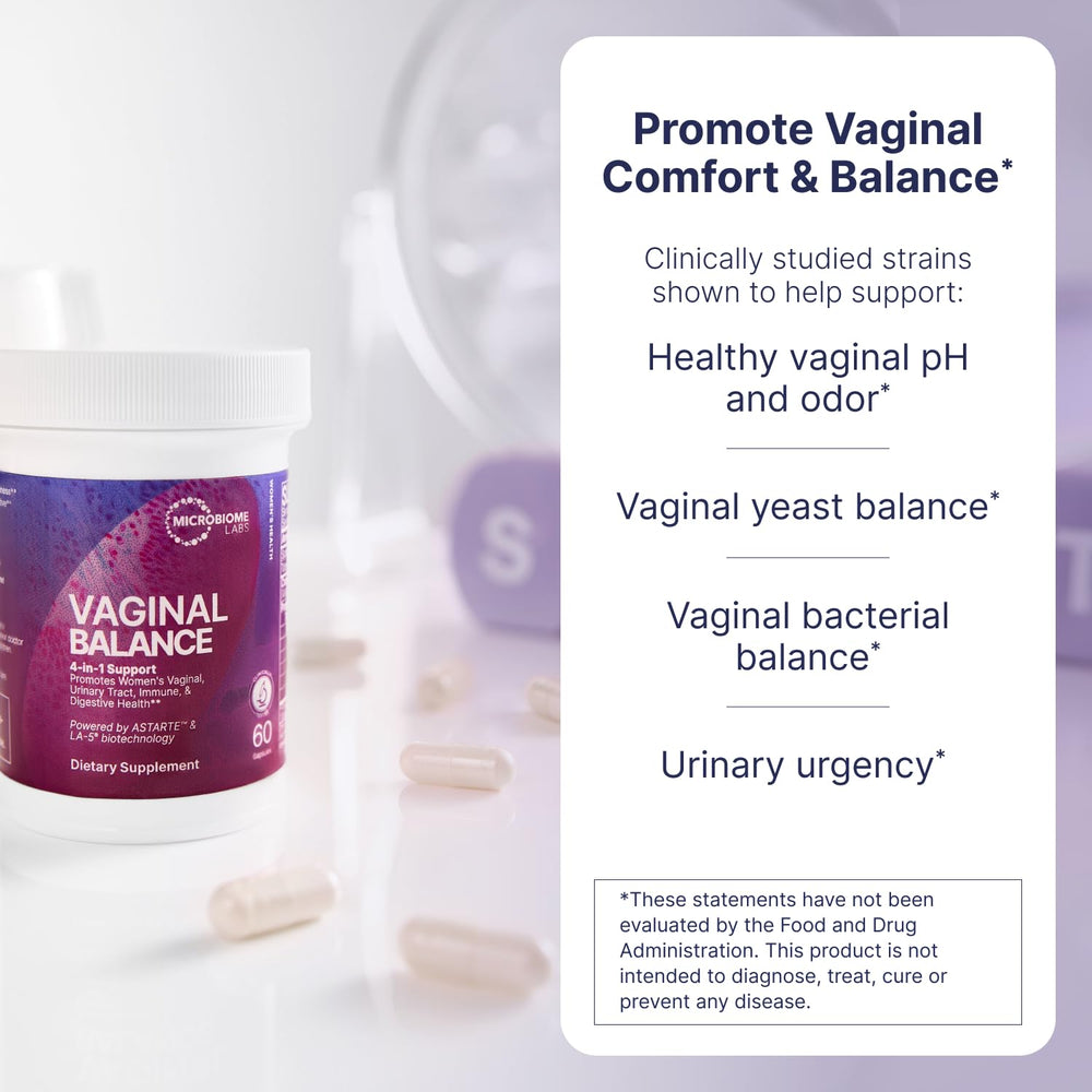 Close-up of Vaginal Balance capsules showing vegan, shelf-stable formula
