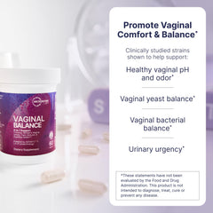 Close-up of Vaginal Balance capsules showing vegan, shelf-stable formula