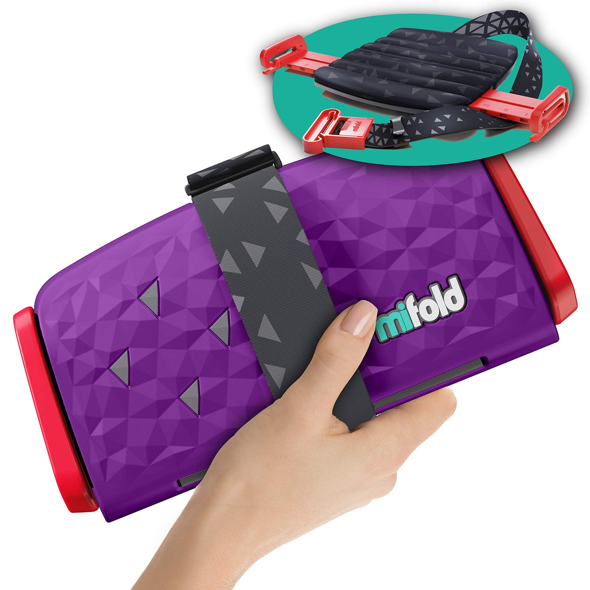 Mifold Comfort backless booster in compact form for travel.