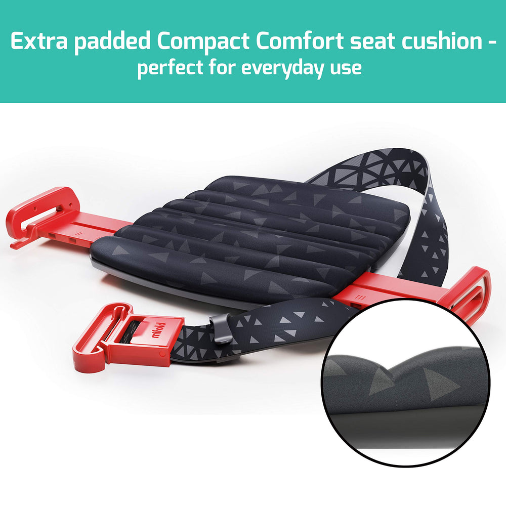 Mifold Comfort booster fits in a backpack for on-the-go rides.