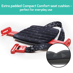 Mifold Comfort booster fits in a backpack for on-the-go rides.