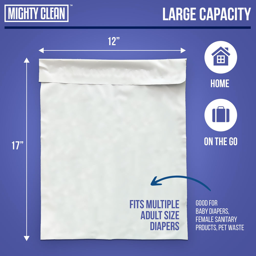 Mighty Clean adhesive seal on bag showing secure closure.