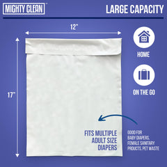 Mighty Clean adhesive seal on bag showing secure closure.