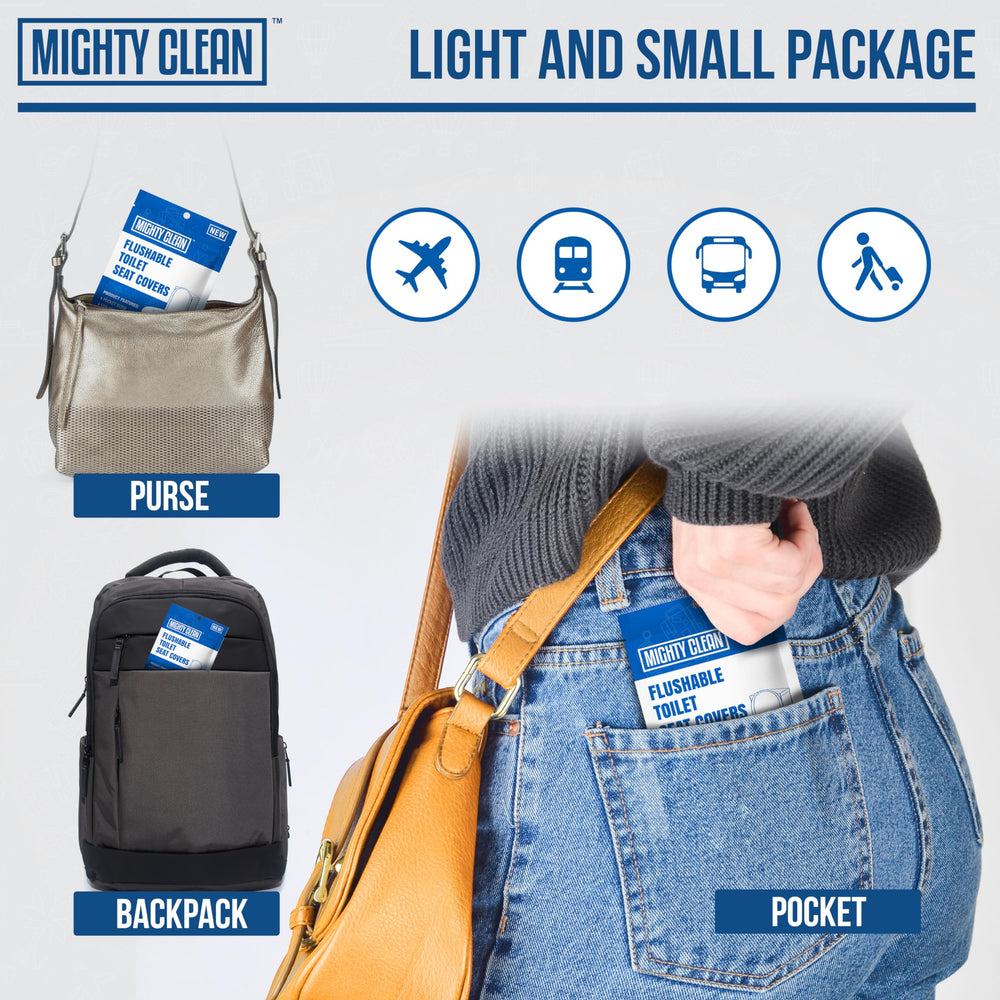 Mighty Clean travelers using covers in airplanes and restrooms