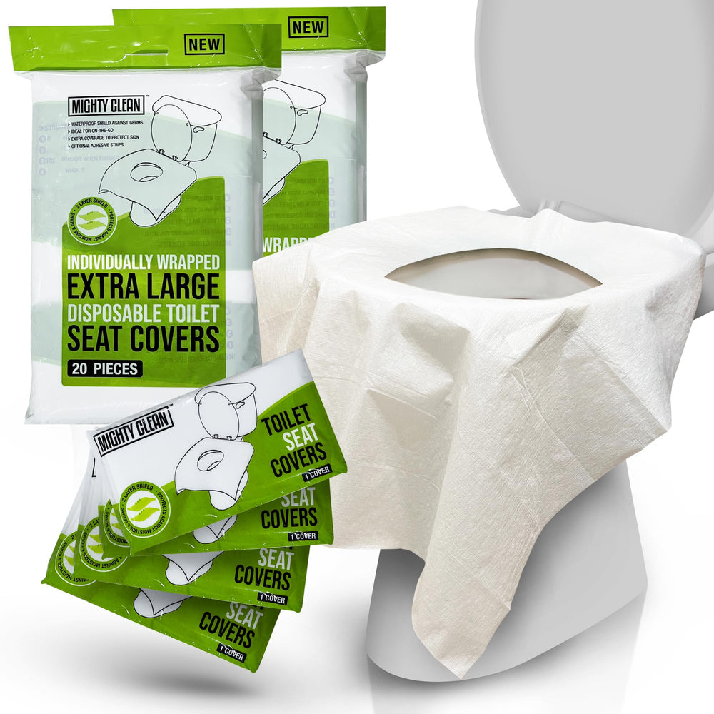 Mighty Clean XL toilet seat covers with wide coverage for adults and kids in public restrooms.