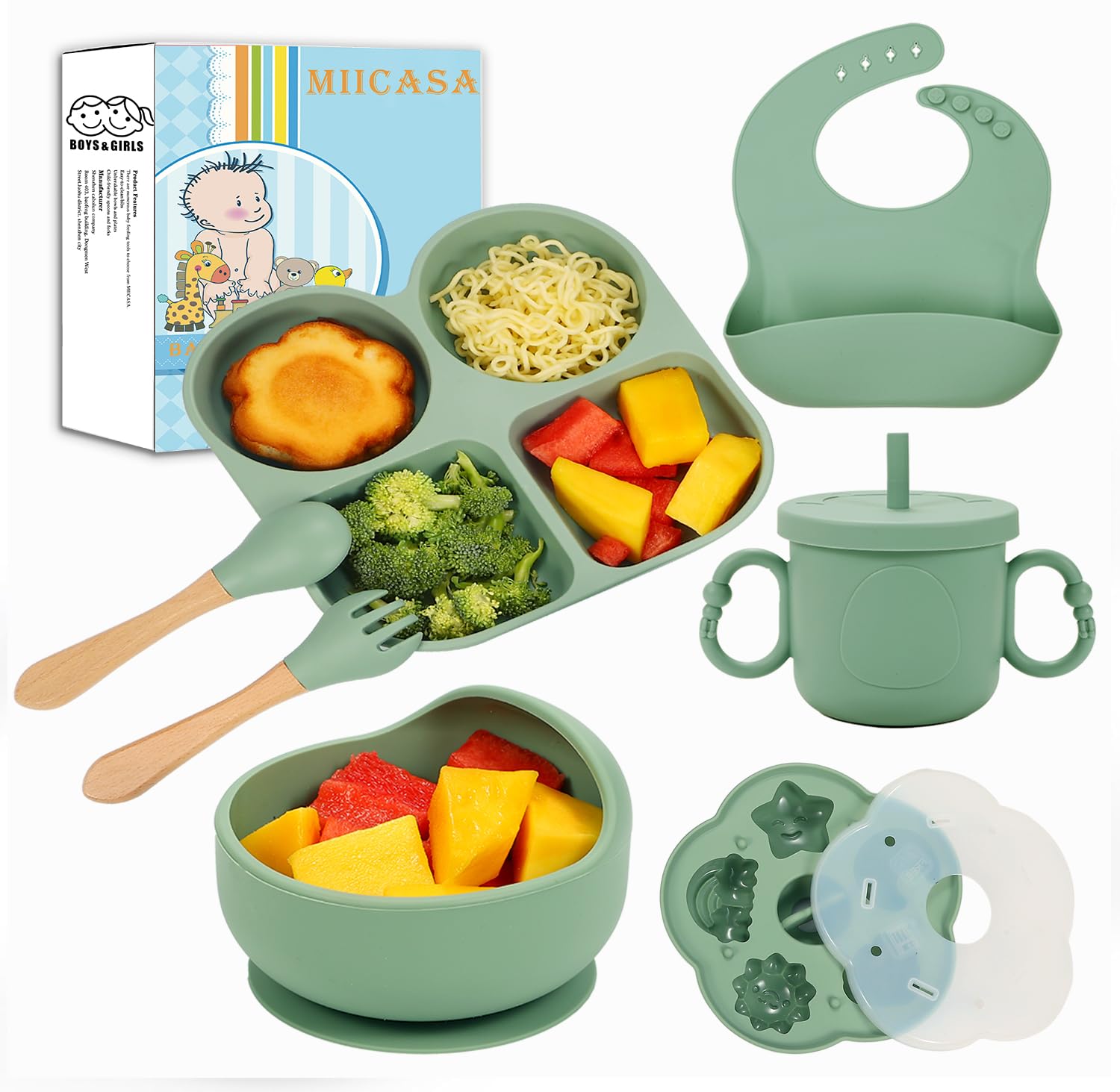 MIICASA silicone baby feeding plate suction on tray helps prevent spills.