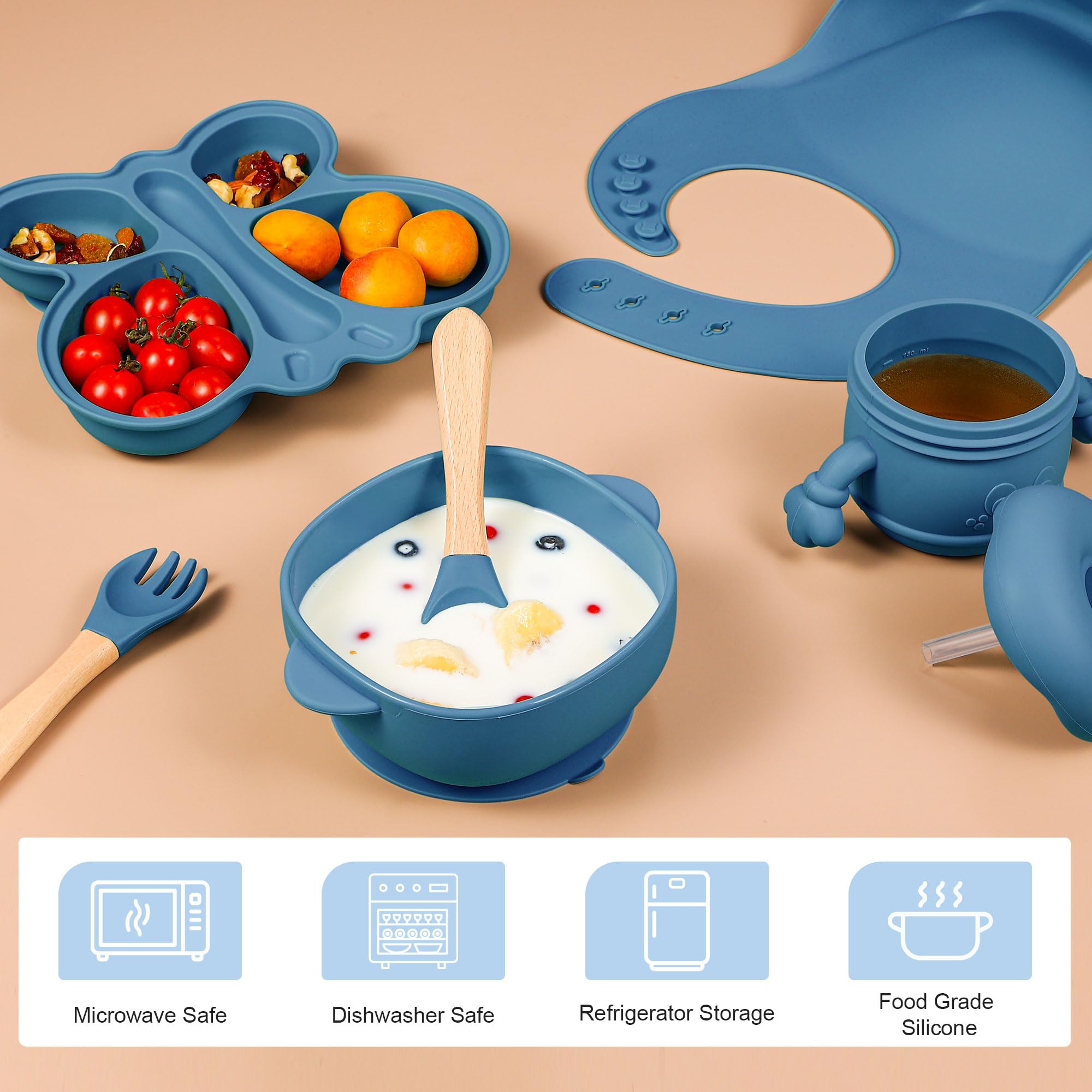 MIICASA silicone baby feeding set blue suction bowl with lid prevents spills.