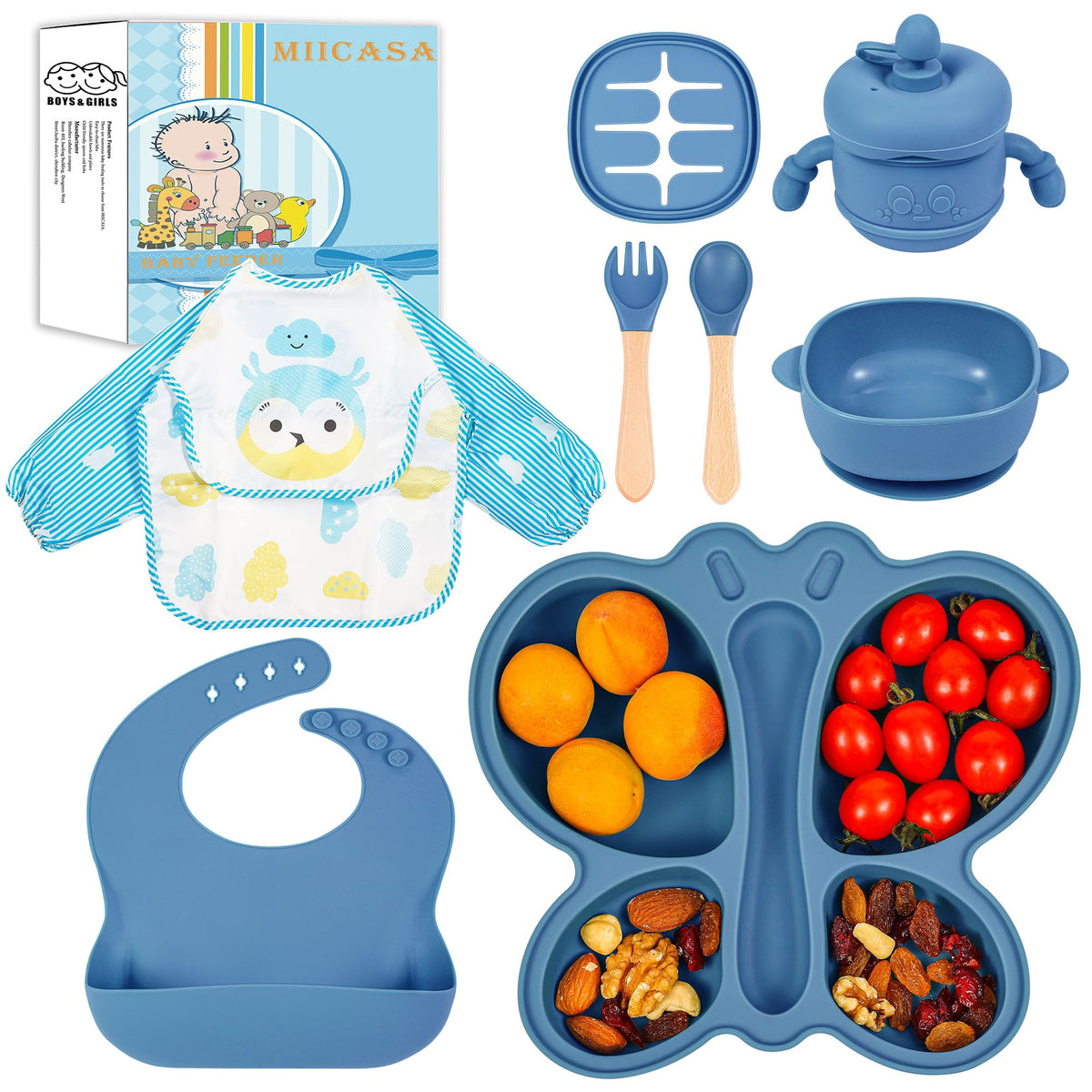 MIICASA silicone baby feeding set blue suction plate enhances self-feeding stability.
