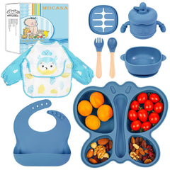 MIICASA silicone baby feeding set blue suction plate enhances self-feeding stability.