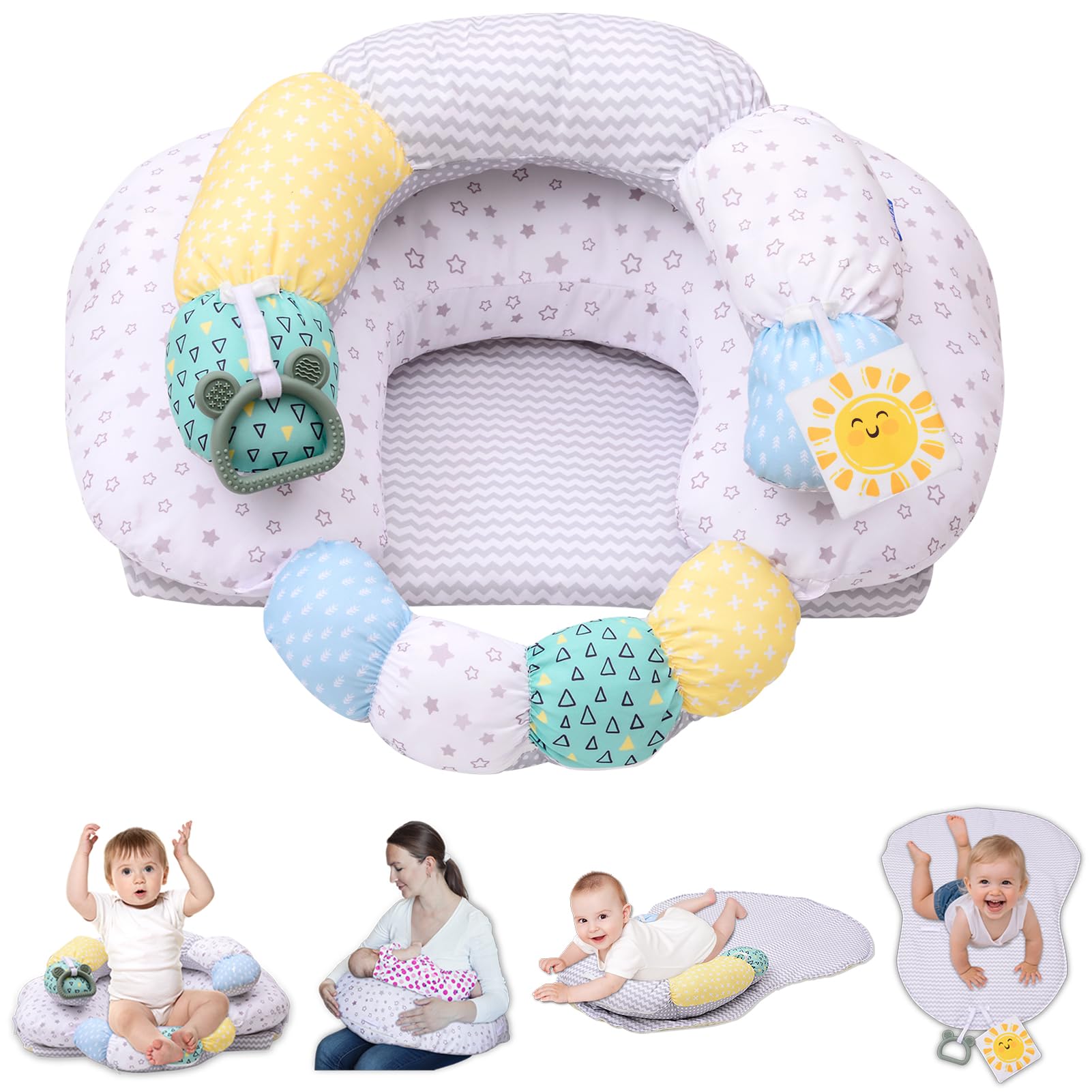 MIIMER 4-in-1 tummy time pillow with detachable seat cushion supports growing babies.