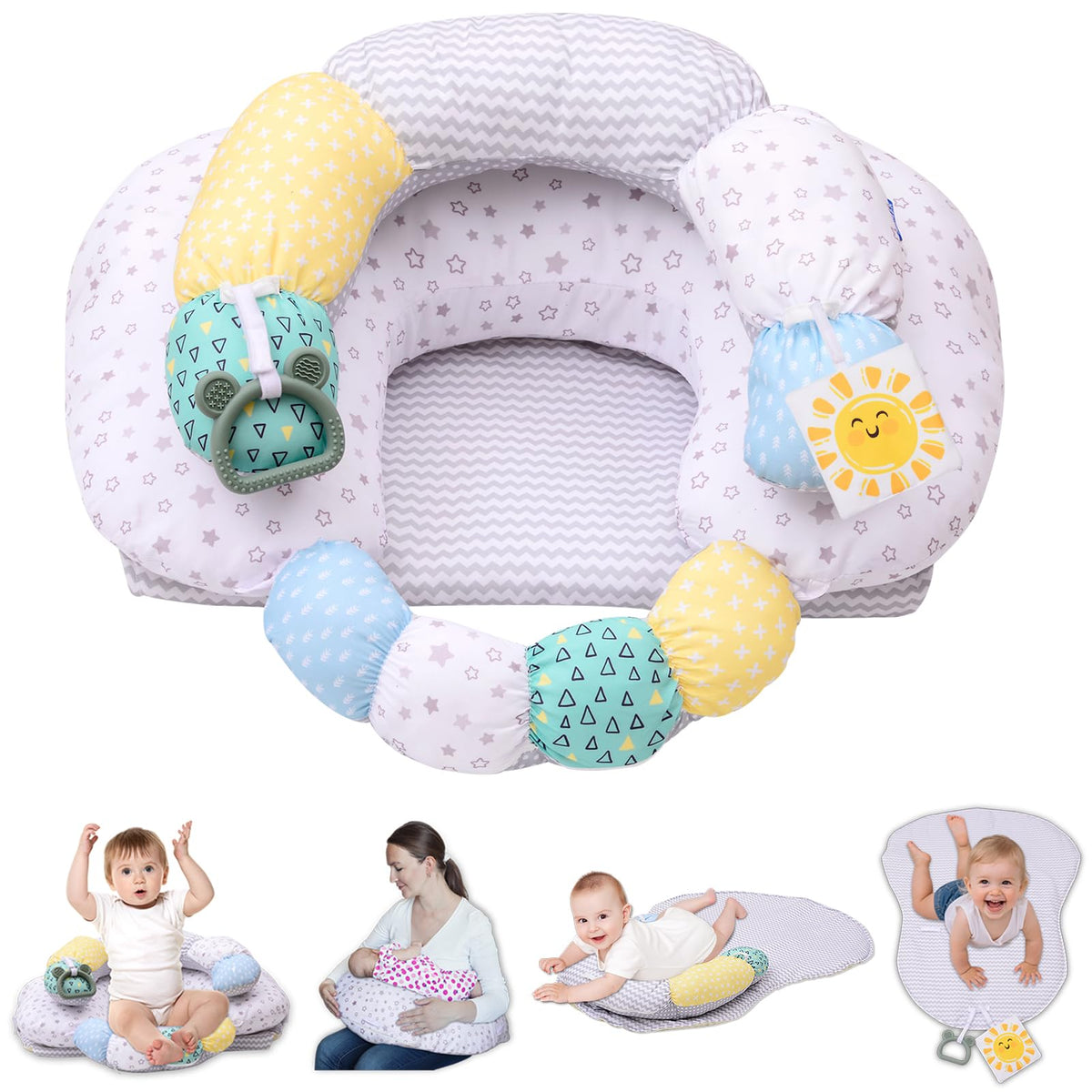 MIIMER 4-in-1 tummy time pillow with detachable seat cushion supports growing babies.