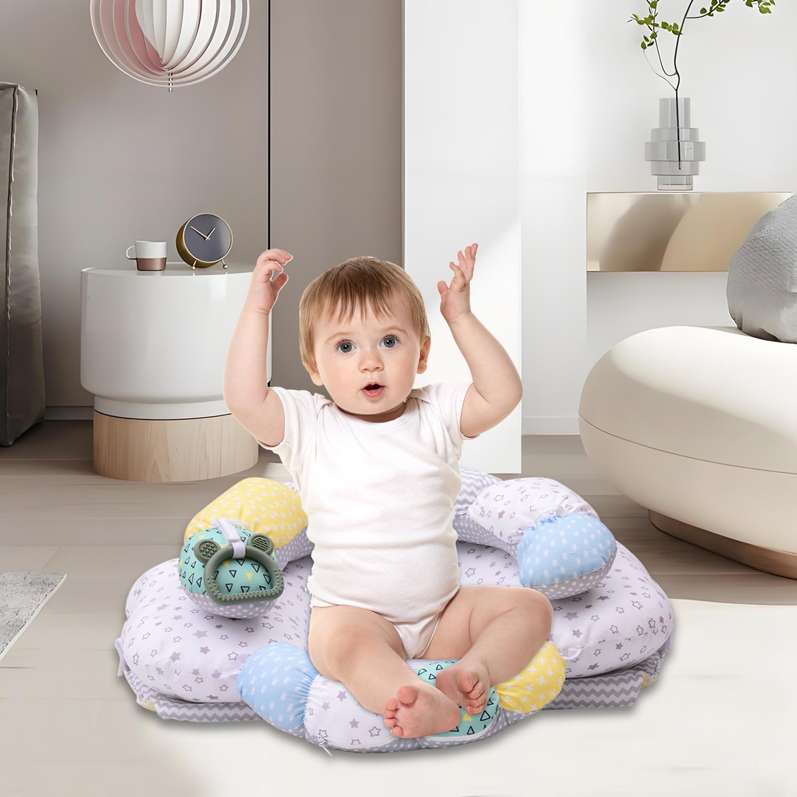 MIIMER sensory-friendly play mat and teether engage baby during play.