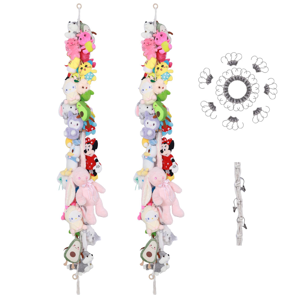 MIJAYENV 2Pcs cotton stuffed animal storage chain with 40 clips, space-saving hanging solution.