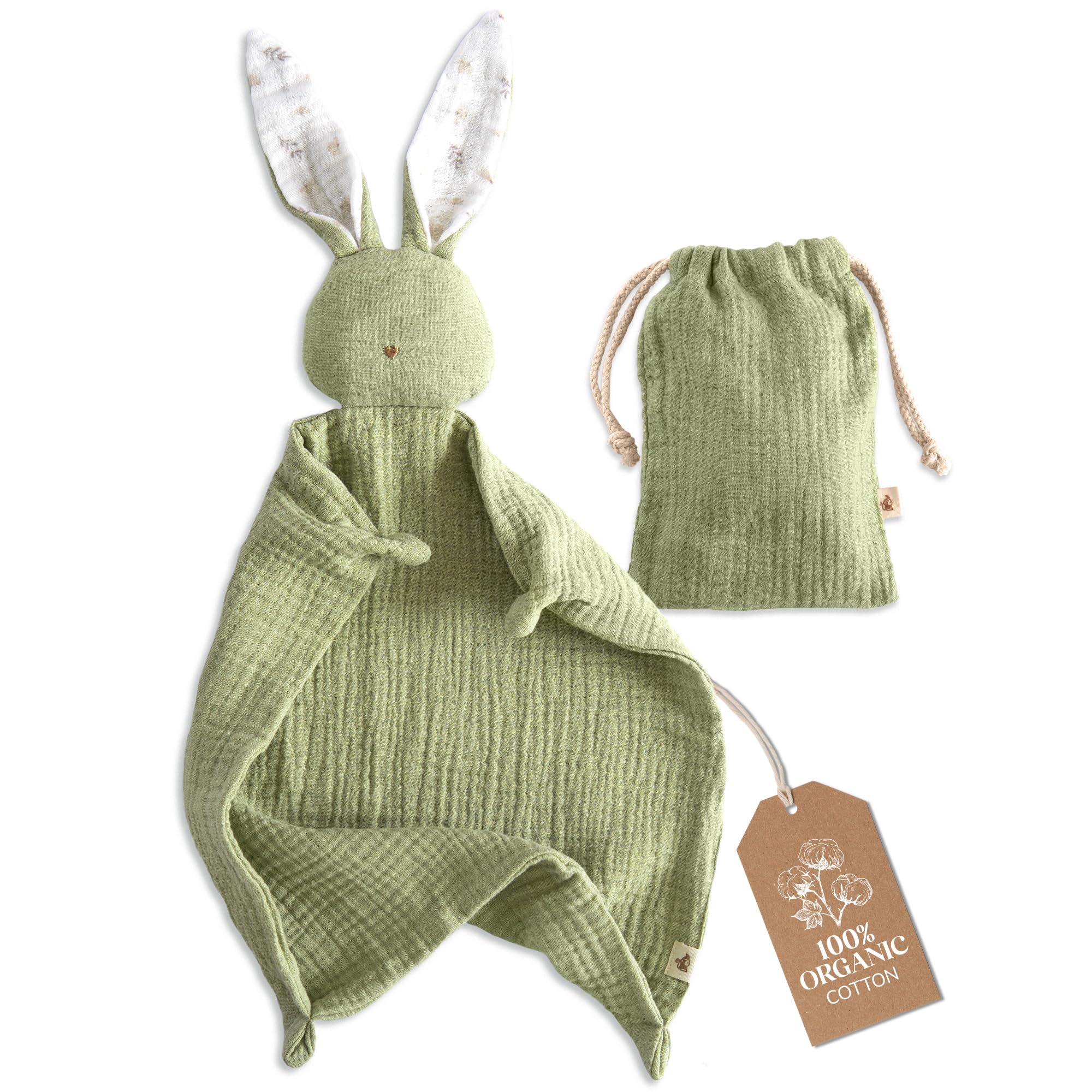 Mikito bunny lovey in organic cotton muslin with a 12x12 inch security blanket for babies.