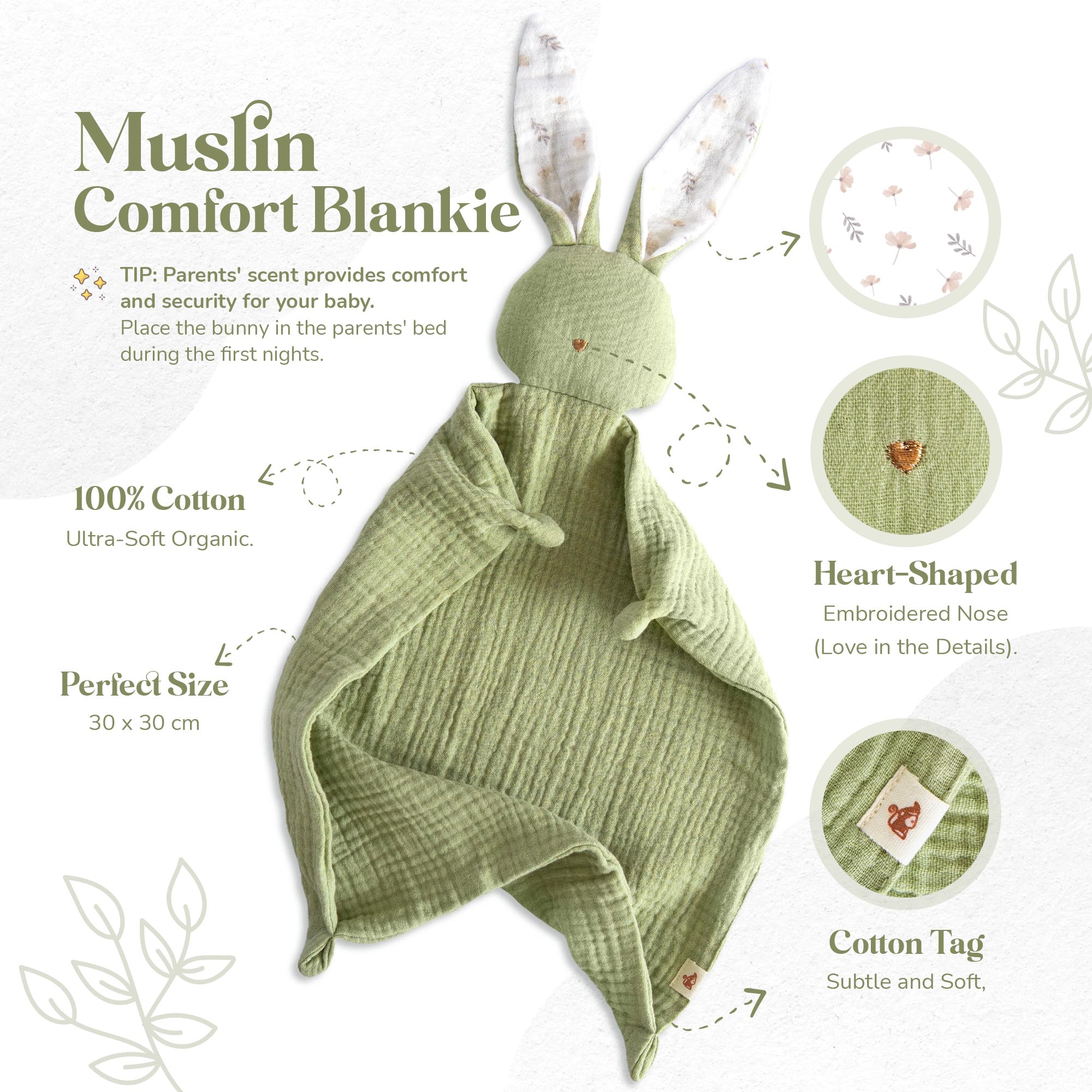 Mikito bunny lovey badge with OEKO-TEX and GOTS certification for safe snuggles.