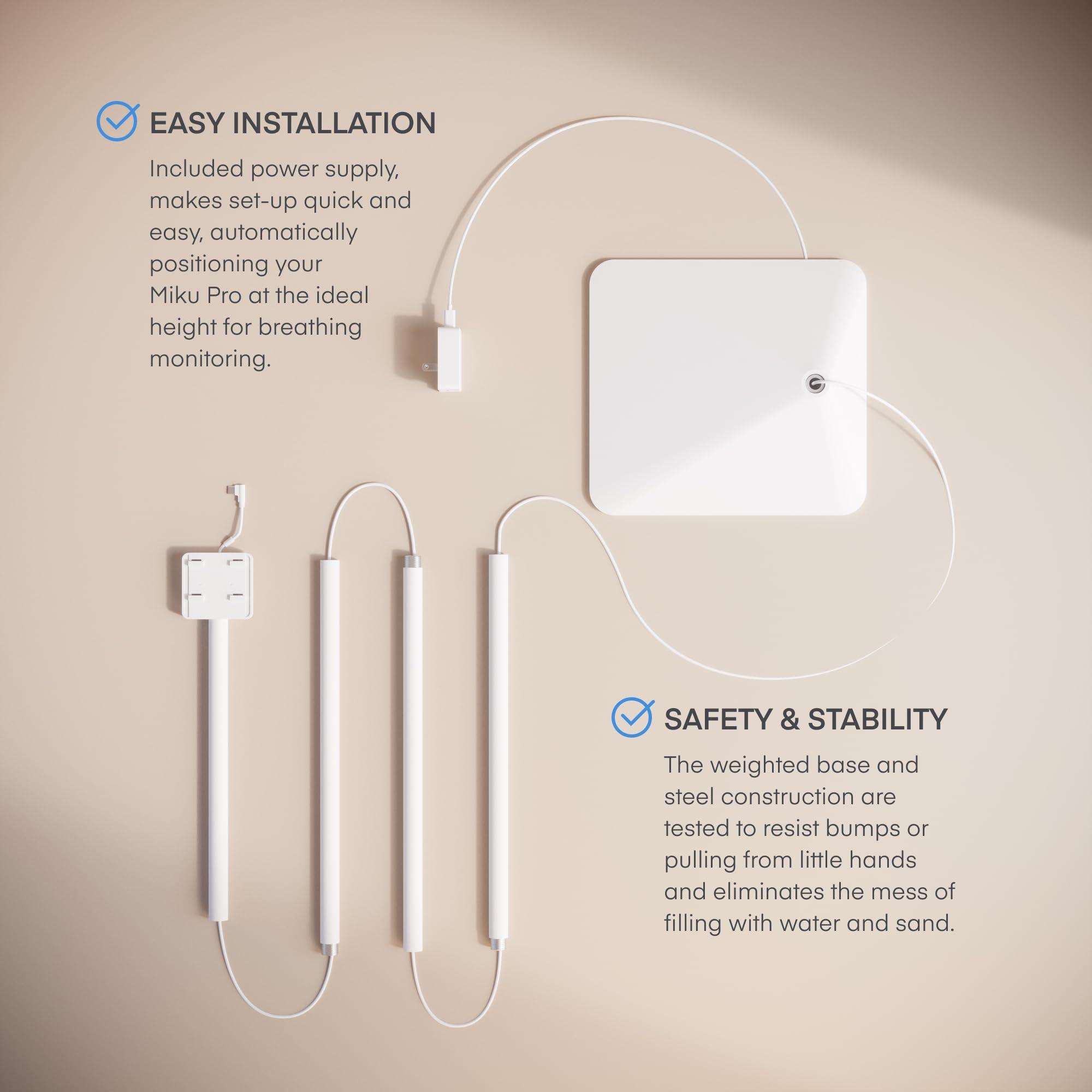 Miku Floor Stand pole-assembly enables quick, tool-free setup beside the crib.