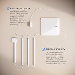 Miku Floor Stand pole-assembly enables quick, tool-free setup beside the crib.