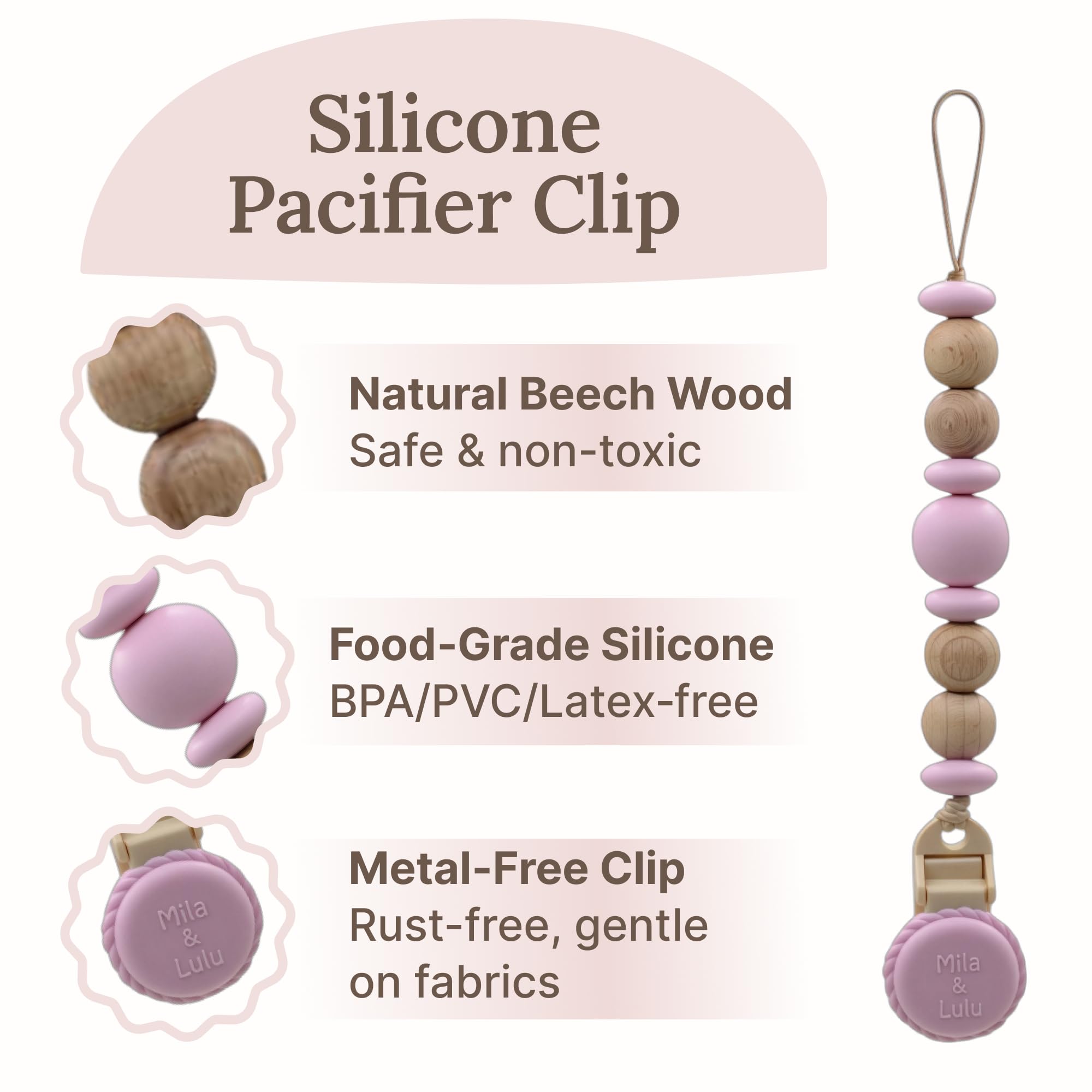 Mila & Lulu beech wood pacifier clip offers natural, eco-friendly material.