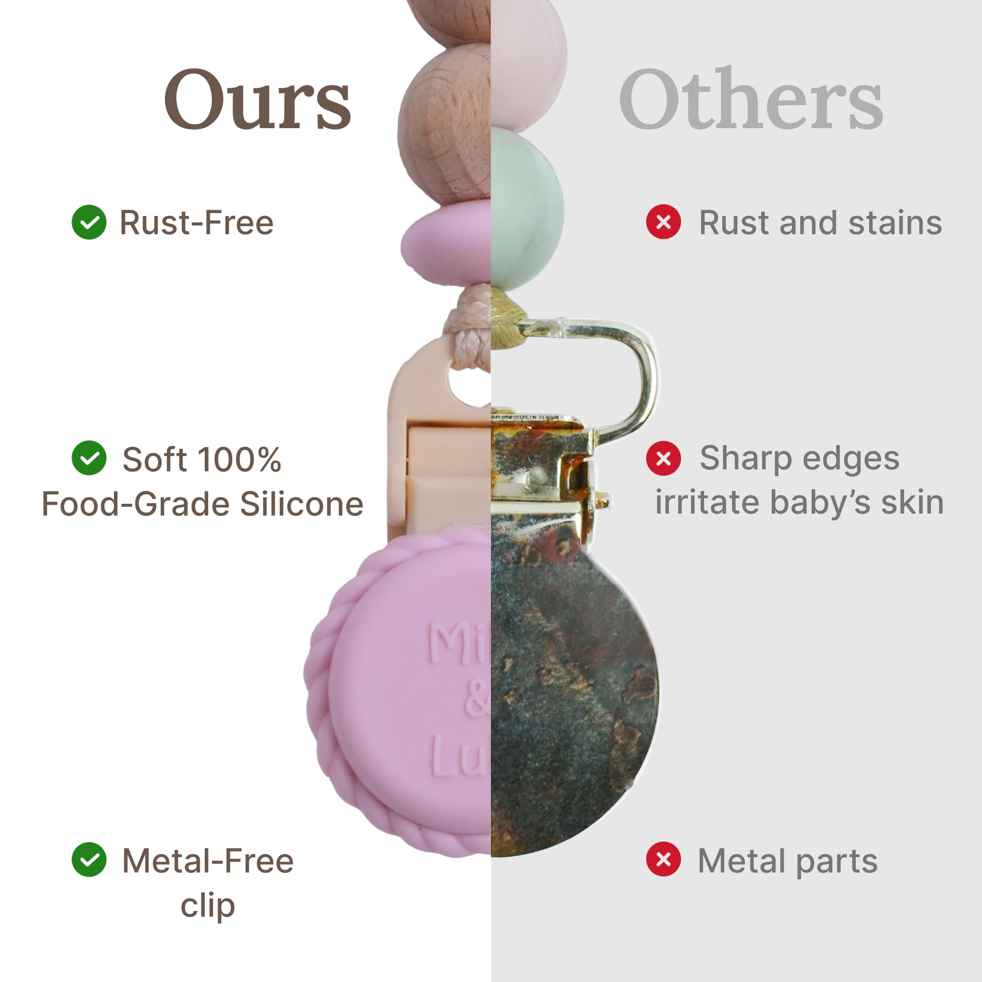 Mila & Lulu travel-ready pacifier clip, easy to wipe clean on the go.