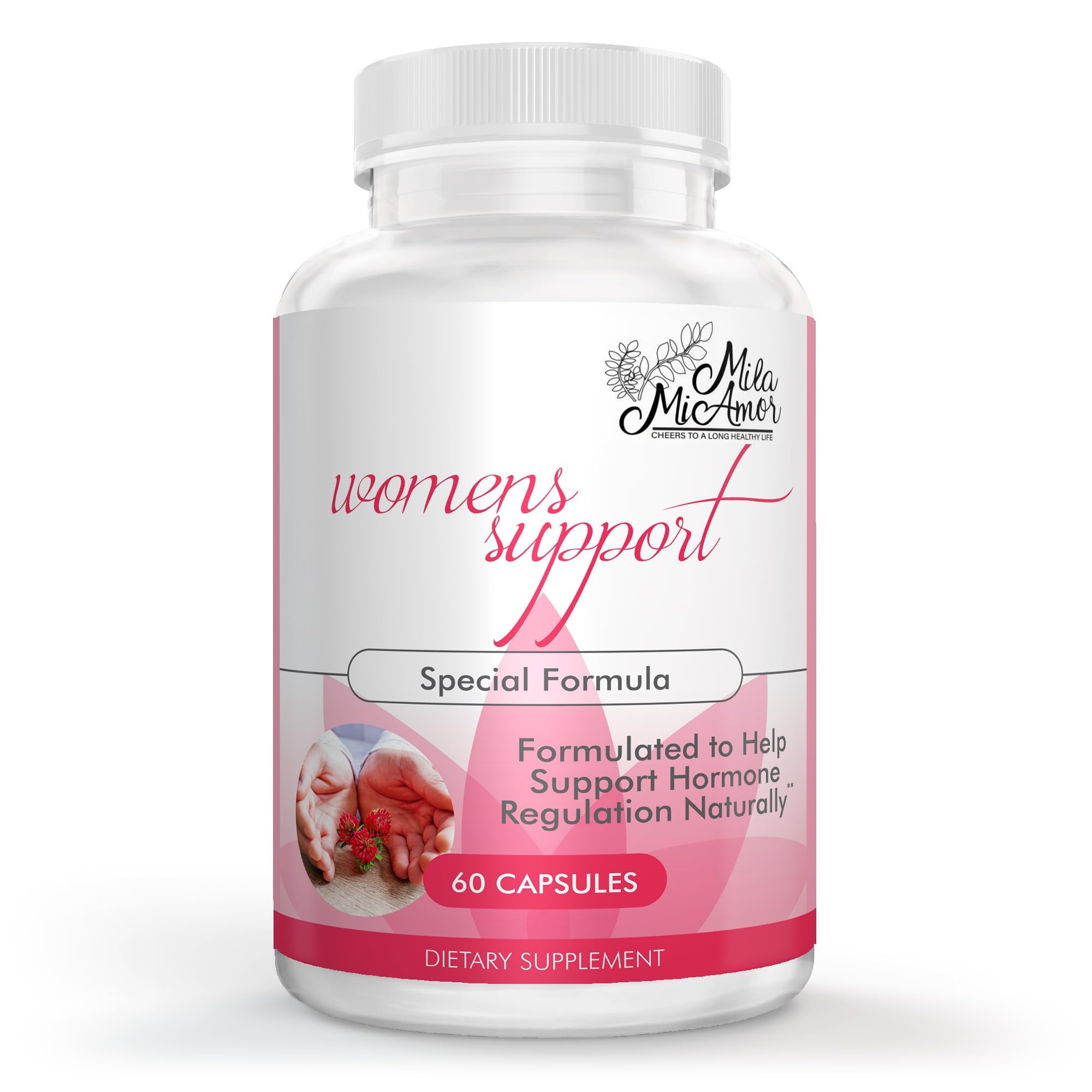 Mila Miamor Women's Support bottle close-up showing capsules for daily hormone balance.