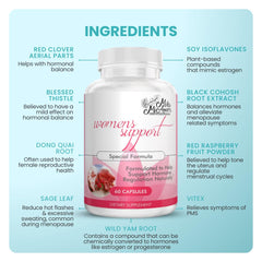 Mila Miamor Women's Support ingredients blend showcases black cohosh and dong quai for hormone support.