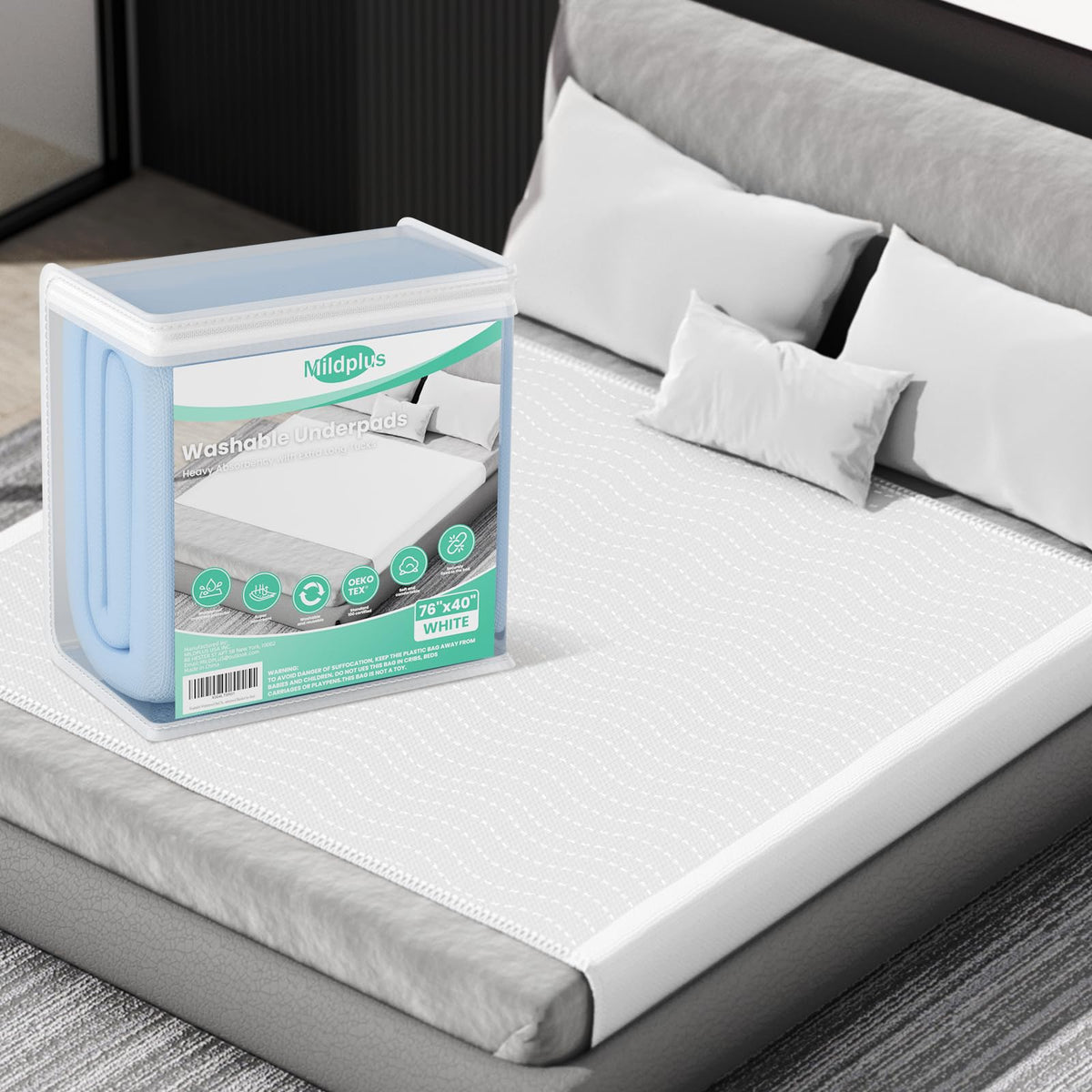 MILDPLUS 76x40 bed pad with stay-secure side wings to prevent shifting.