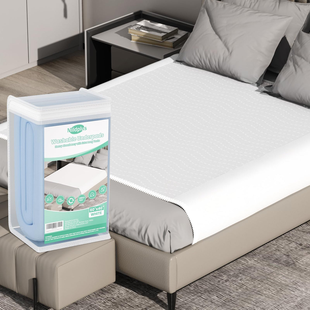 MILDPLUS bed pad with side wings shown in 60x40 size for reduced shifting