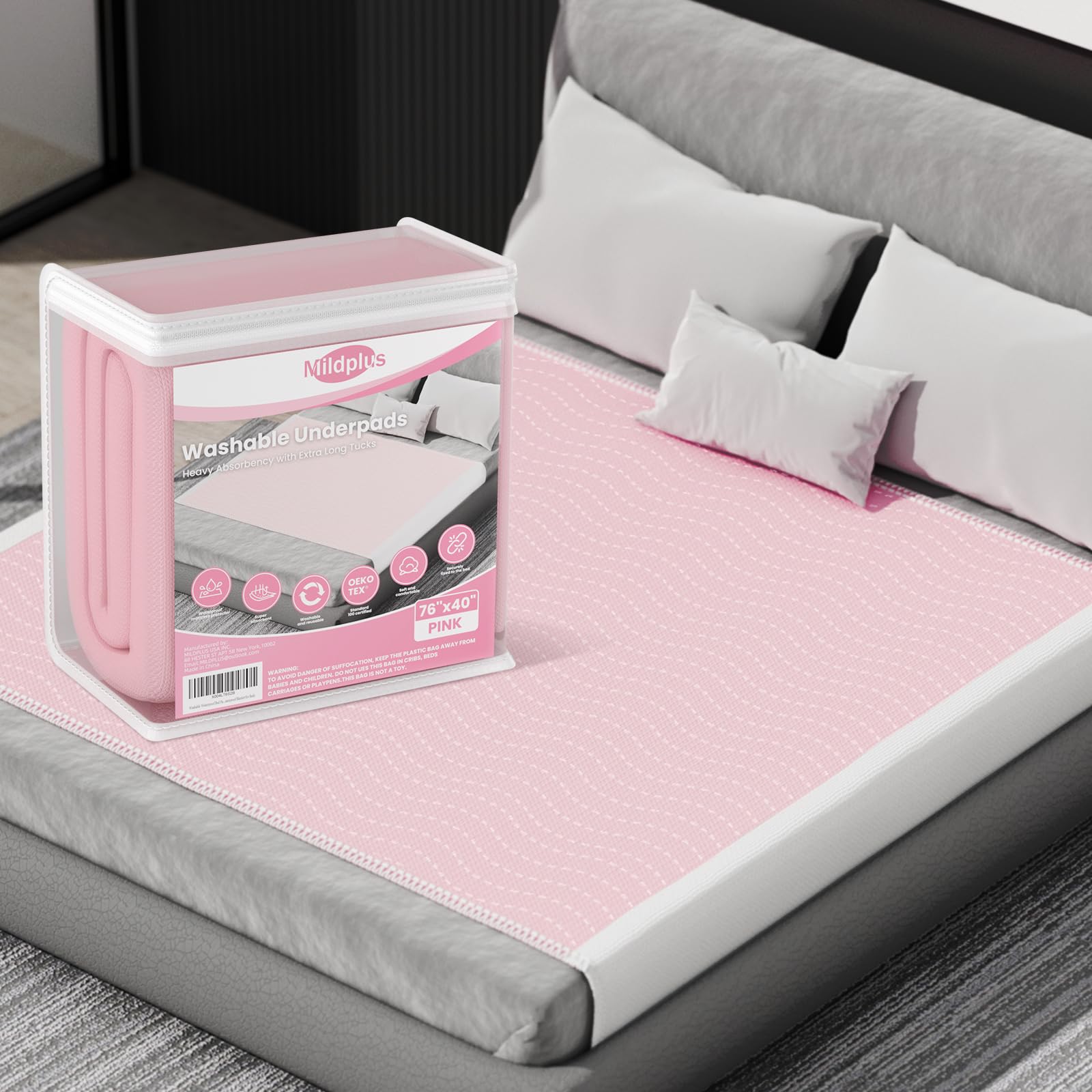 MILDPLUS bed pad with side wings stays secure under the sheet for restless sleepers.