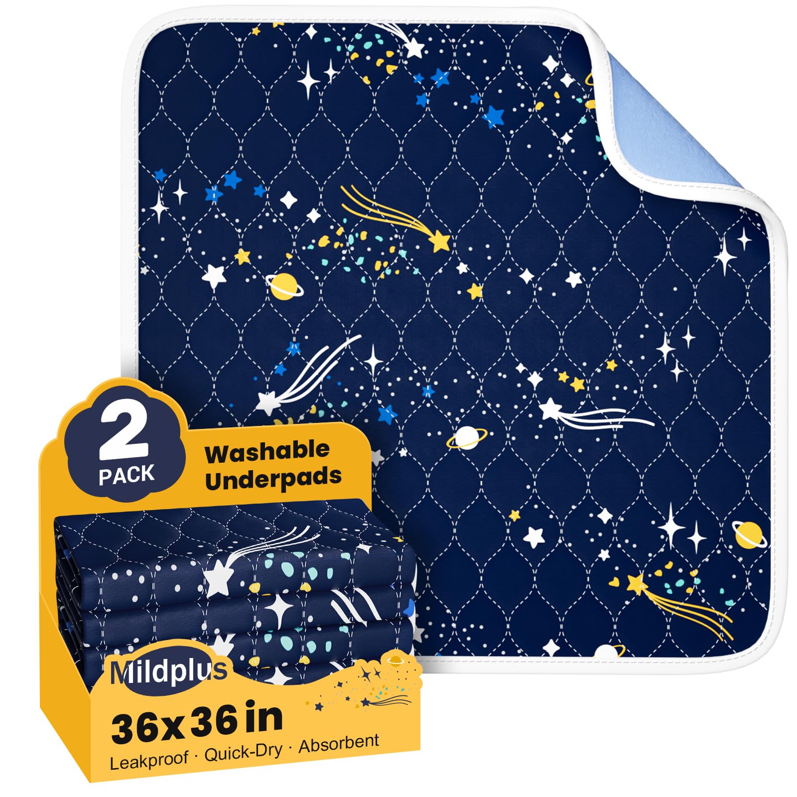MILDPLUS bed wetting pad with blue pattern protects bedding overnight