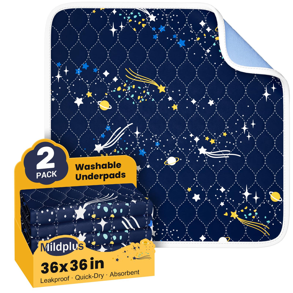 MILDPLUS bed wetting pad with blue pattern protects bedding overnight