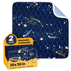 MILDPLUS bed wetting pad with blue pattern protects bedding overnight
