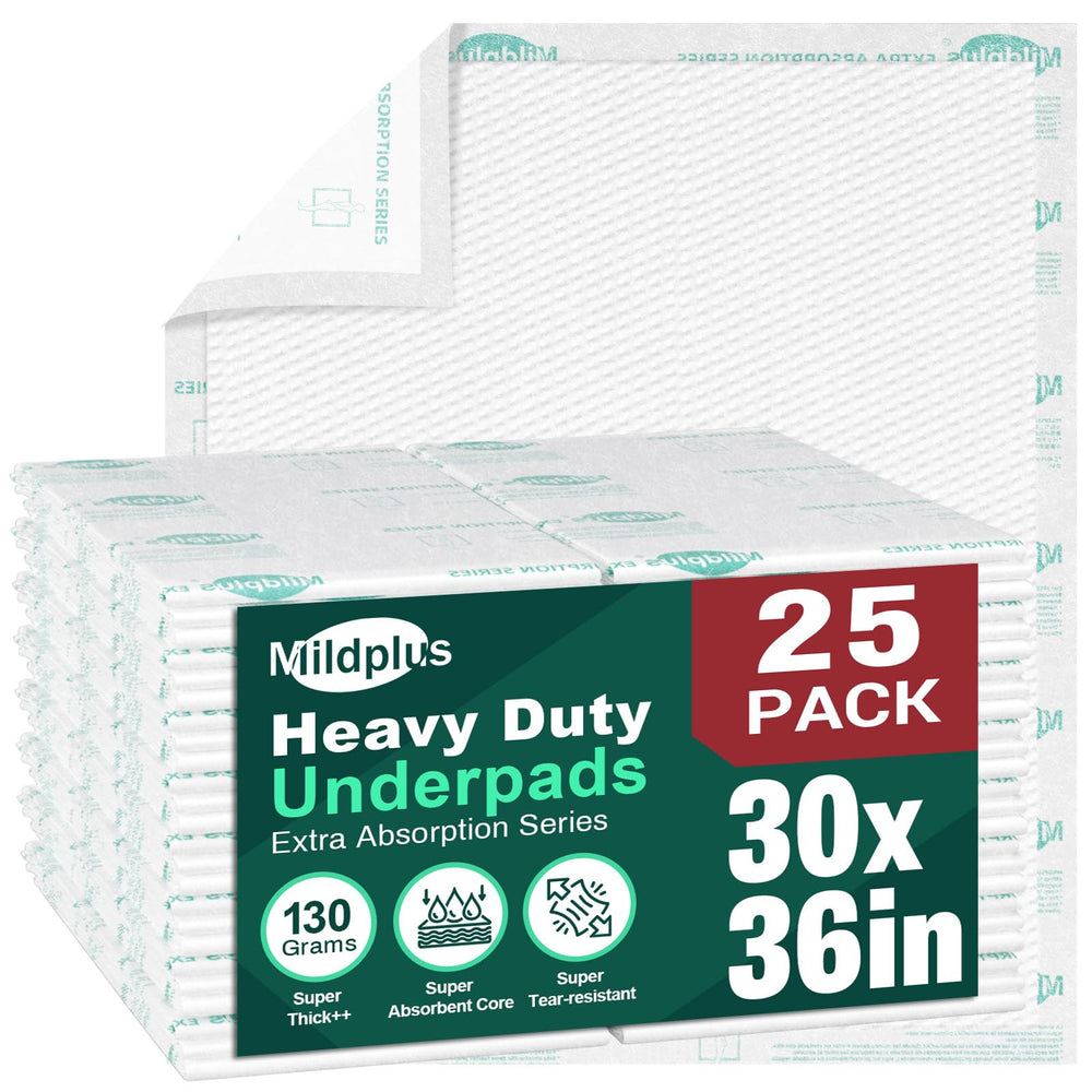 MILDPLUS Heavy-Duty Underpads boxed packaging visible, compact and convenient.