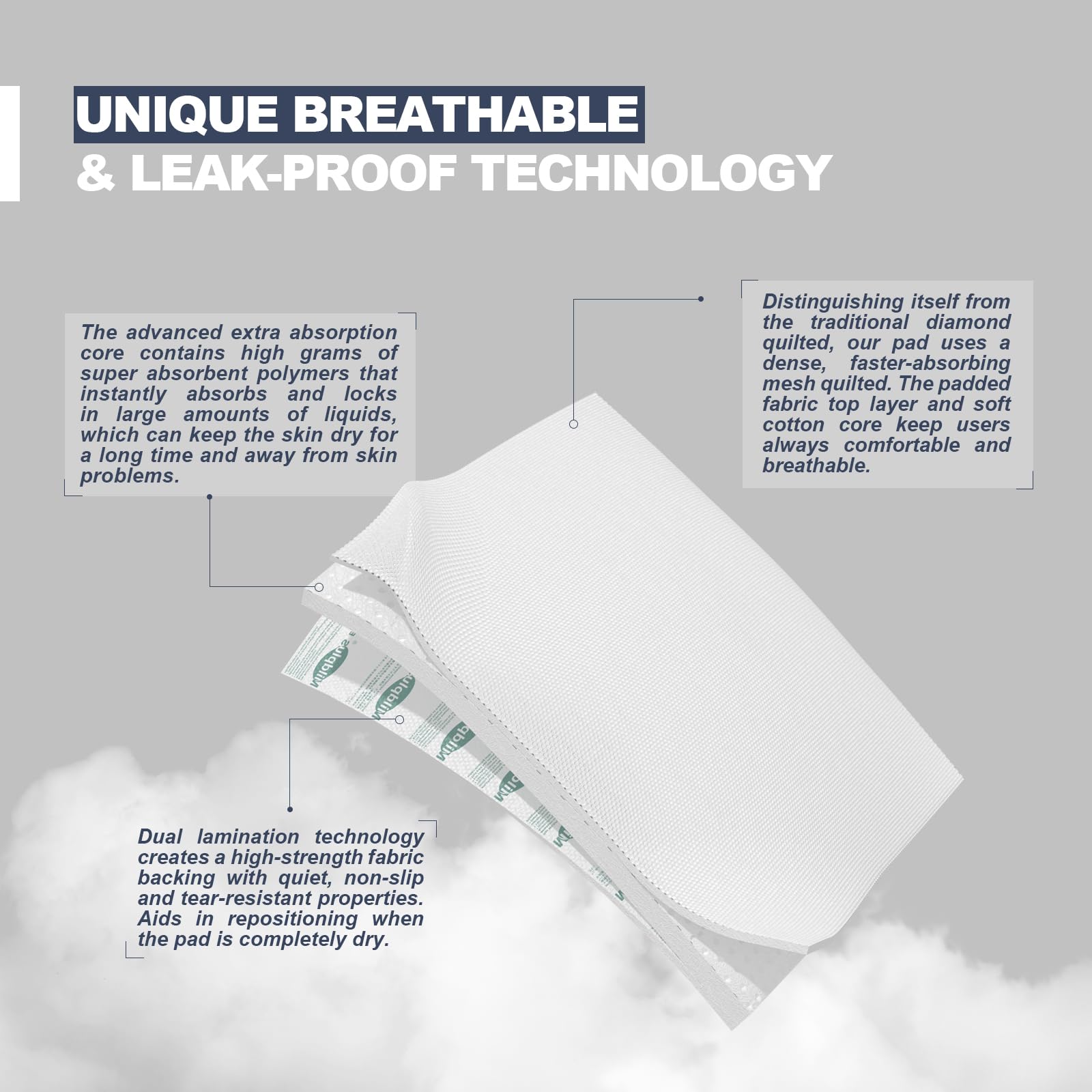 MILDPLUS heavy duty underpads with ultra-dry surface for comfort and cleanliness.