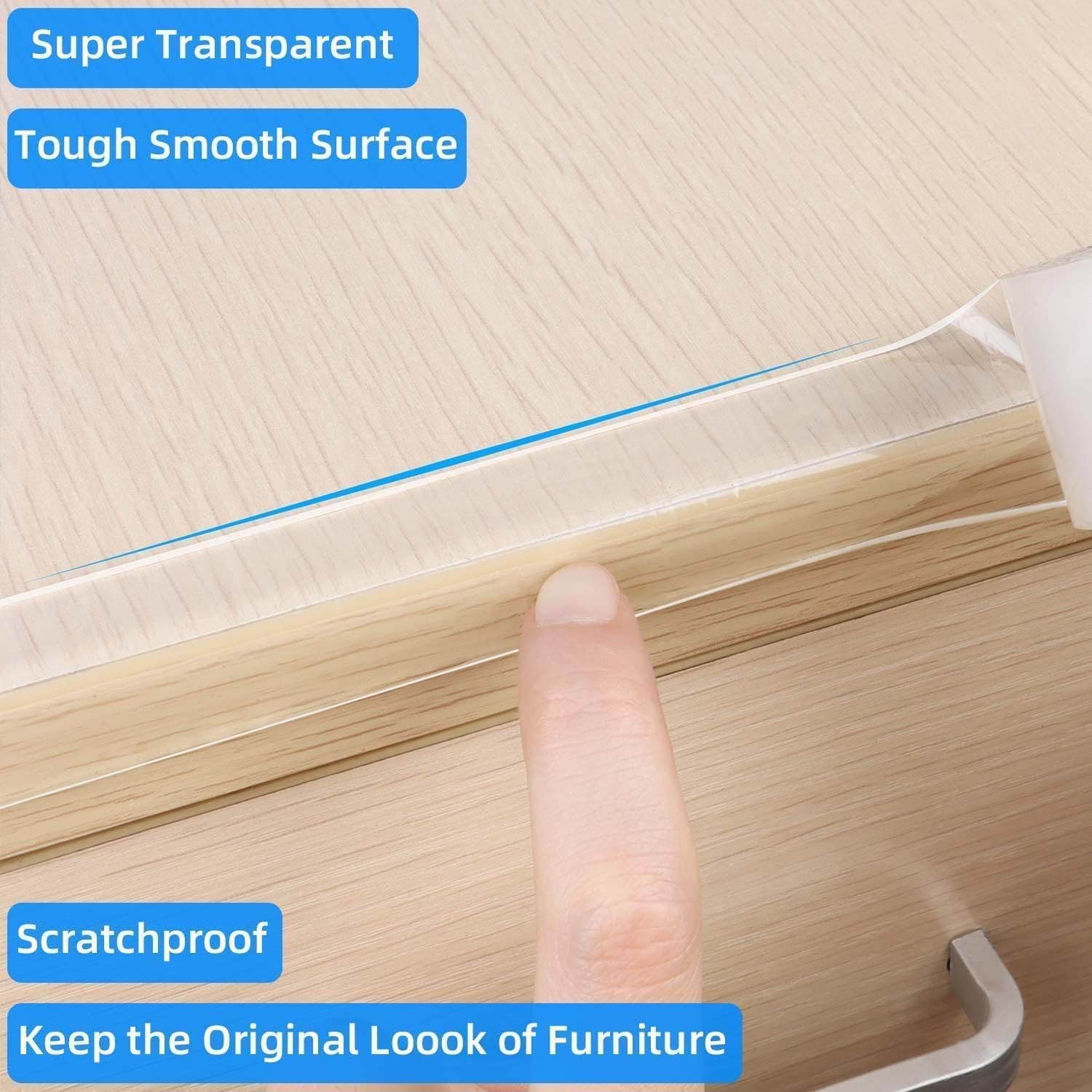 MILEQEE edge protector strip applied to furniture demonstrates transparent protection.