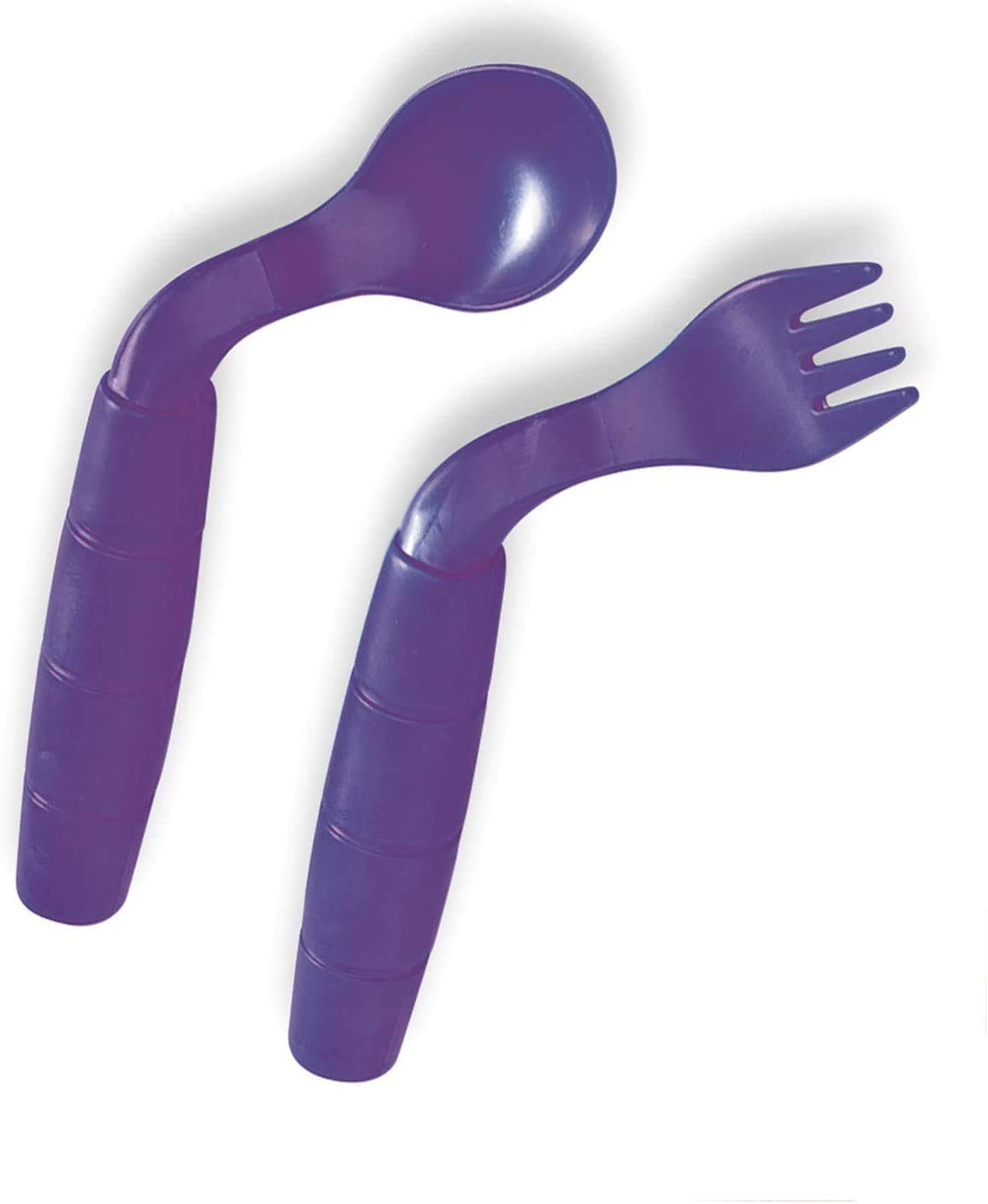 Milestones Easie Eaters left-handed utensils with angled design to reduce wrist strain.