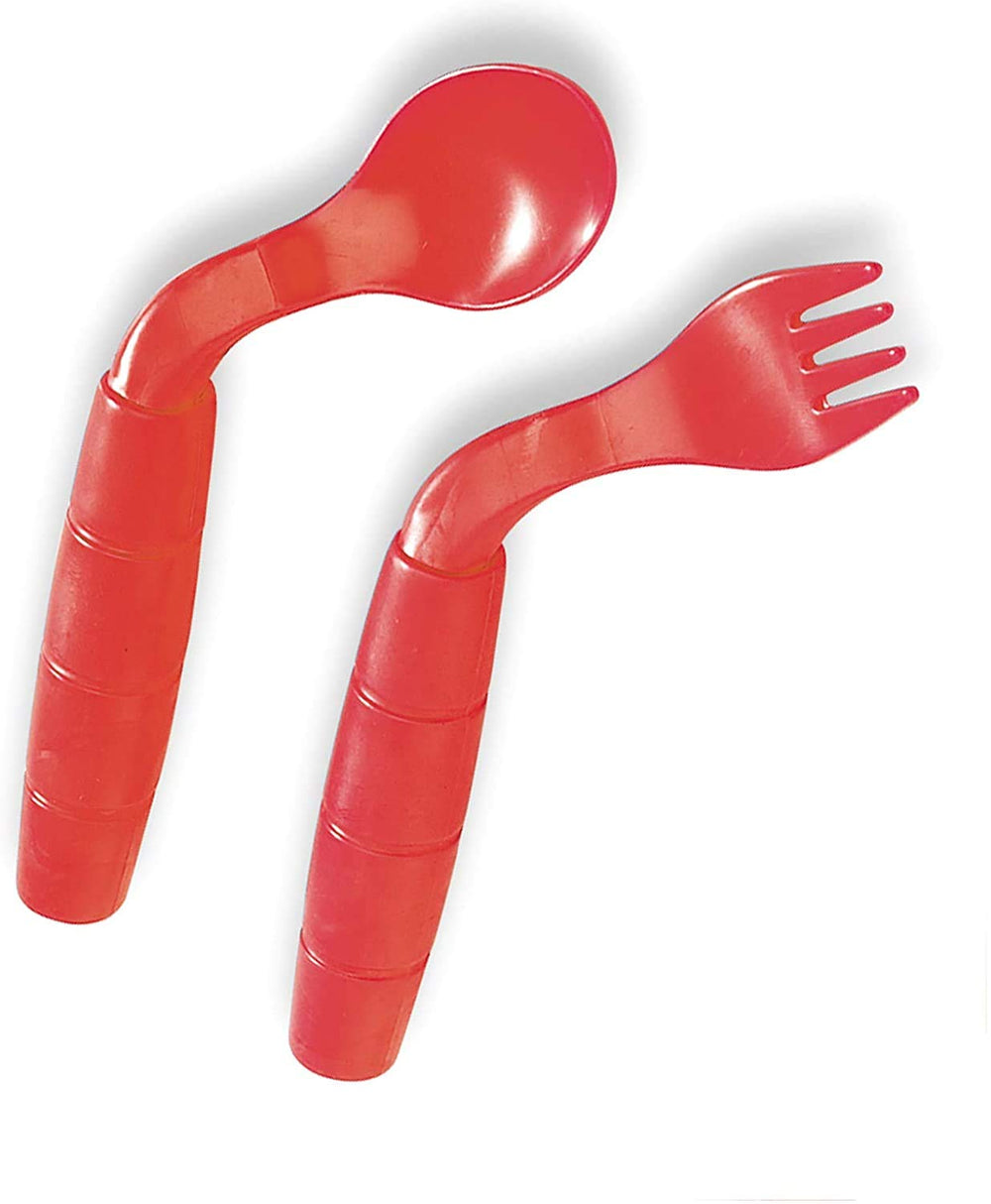 Milestones Easie Eaters left-handed fork and spoon with ergonomic grip for easier self-feeding.