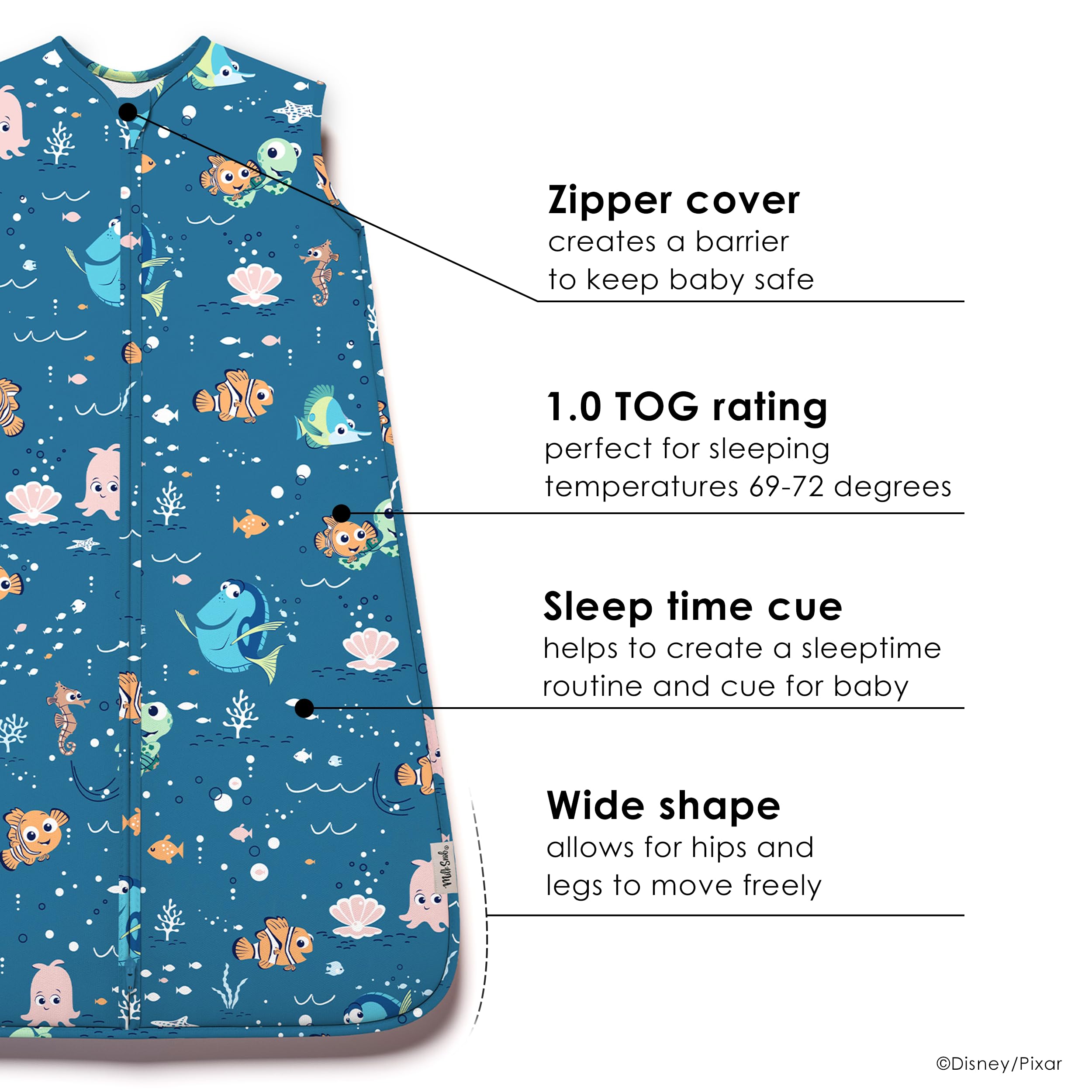Milk Snob Disney sleeping sack Nemo zip-front detail enables easy dressing