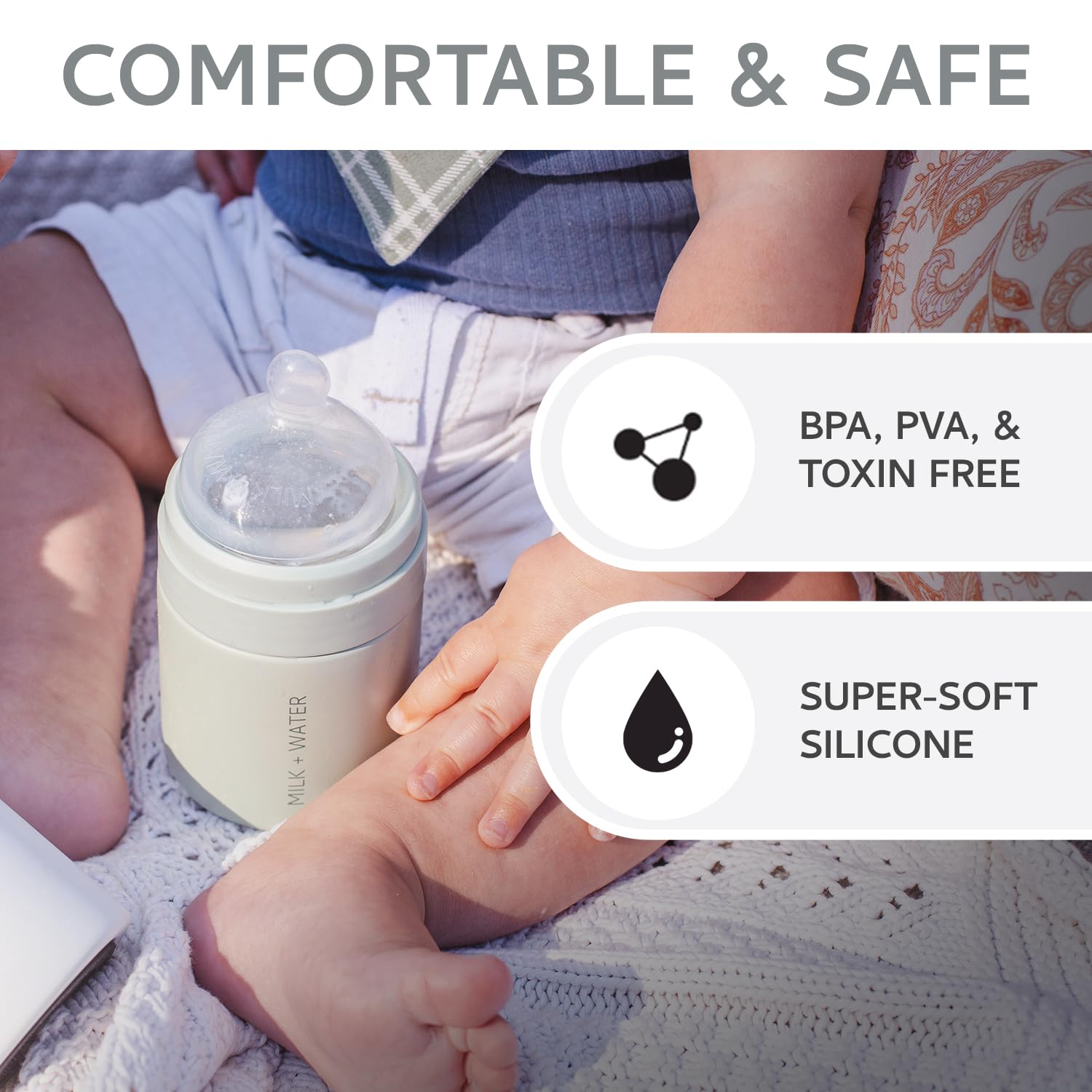 Milk Water anti-colic nipple shown during a calm feeding