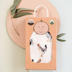 Milkbarn Homestead swaddle print detail featuring the charming gender-neutral design