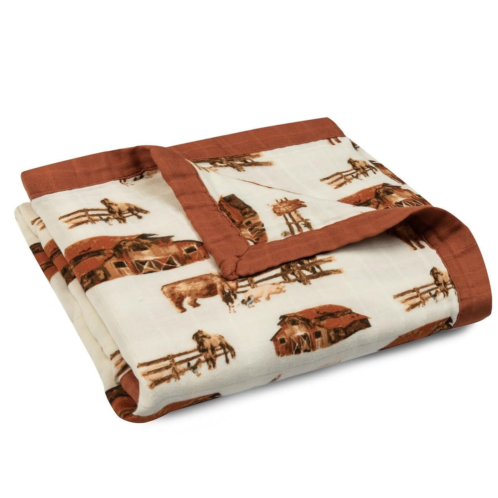Milkbarn Big Lovey Muslin Blanket Homestead shown for gentle tummy time and bedtime comfort.