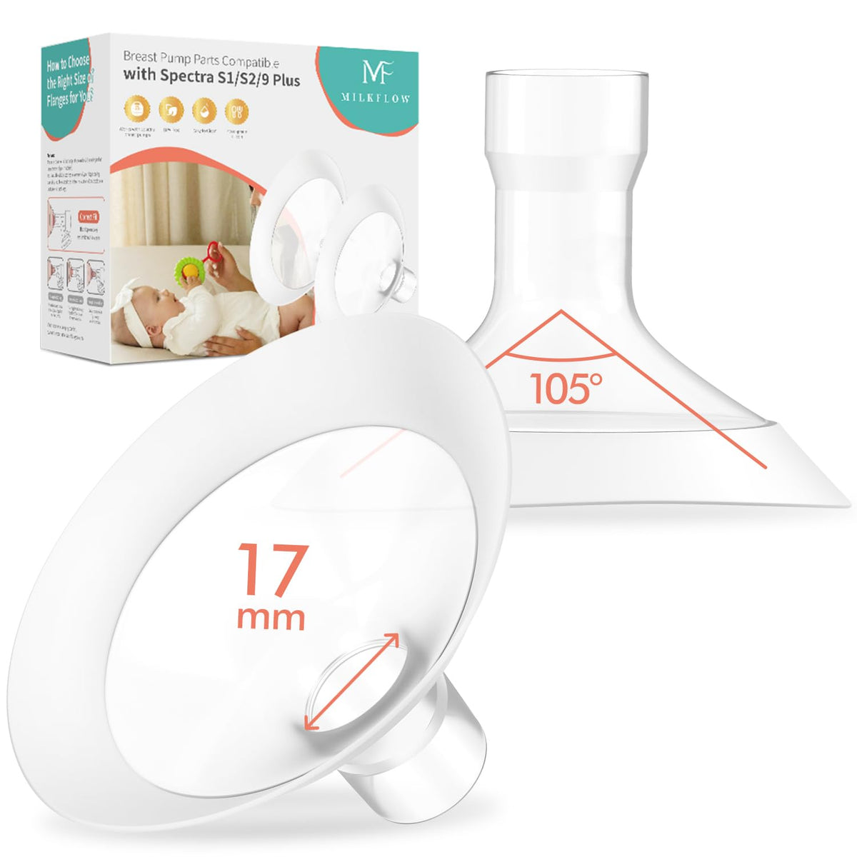 MilkFlow 17mm breast flanges pack for comfortable pumping sessions