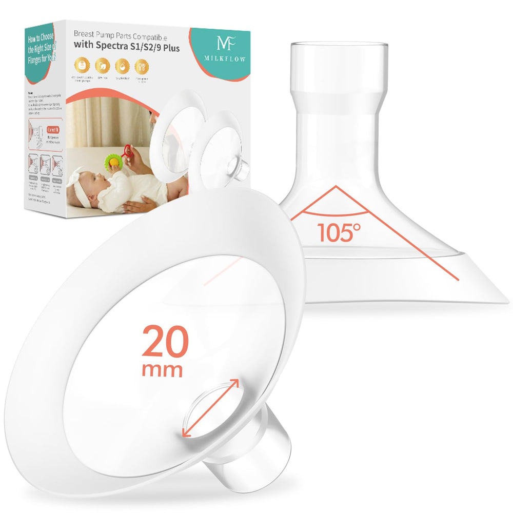 MilkFlow 20mm breast flanges 2-pack on display, comfortable fit for pumping sessions.